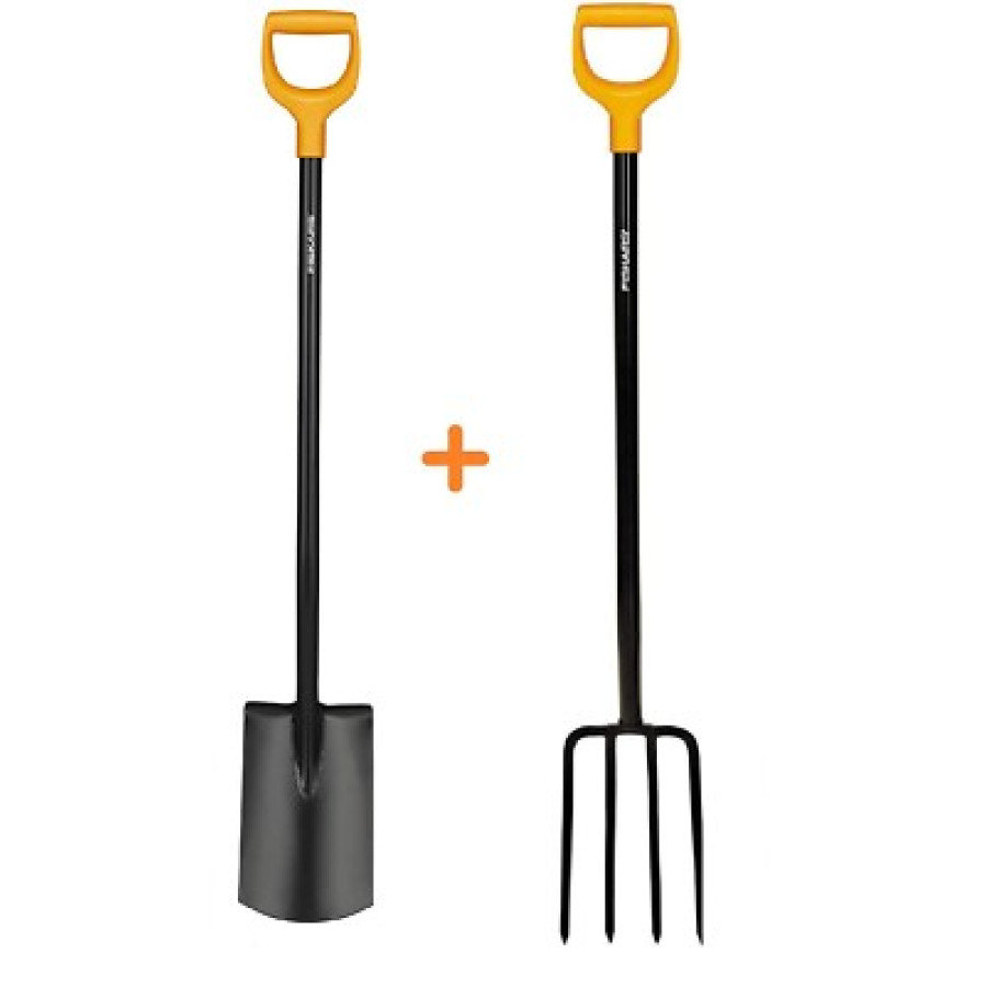 FISKARS 1003458 Spatengabel Gabel + Rund Gartenspaten 131403 SOLID Set Neu