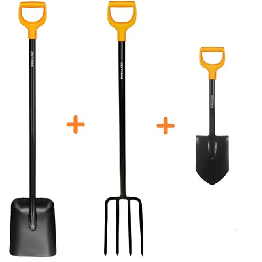 FISKARS SOLID 1003458 Spatengabel + Gartenschaufel 132403 + Mini Spaten 131417