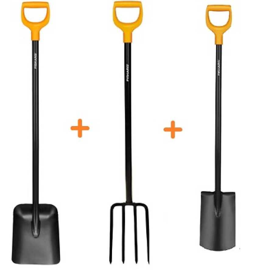 FISKARS SOLID Spatengabel 1003458 + Gartenschaufel 132403 + 131403 Rund Solid