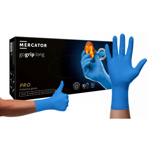 Arbeitshandschuhe Mercator GOGRIP LONG BLAU puderfrei 50 Stück Nitrilhandschuhe