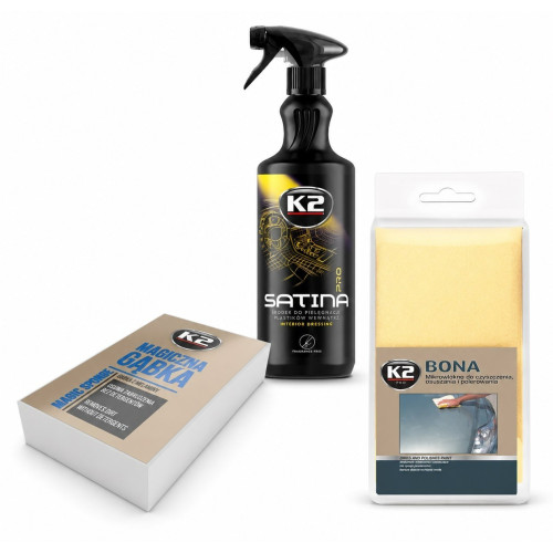 K2 Cockpitpflege Set Satina Pro 1L Magic Sponge Bona Mikrofasertuch