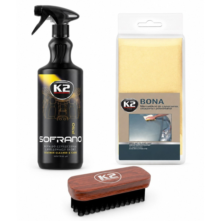 K2 Lederpflege Set Sofrano Pro 1L Lederreiniger Auron Bürste Bona Mikrofasertuch