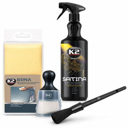 K2 Auto Innenraum Cockpit Pflege Set Satina Pro 1L Pinsel Mikrofasertuch Bona