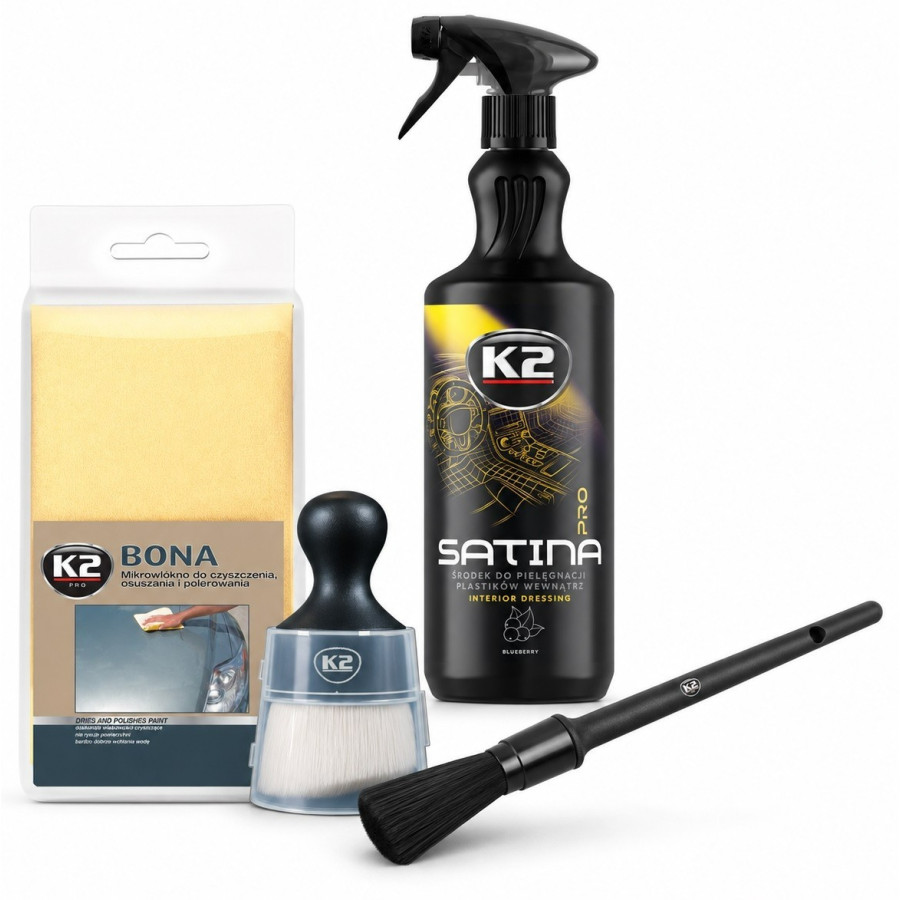 K2 Auto Innenraum Cockpit Pflege Set Satina Pro 1L Pinsel Mikrofasertuch Bona