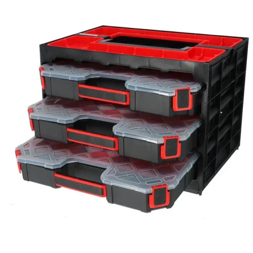 Werkzeugkoffer mit 3 Organizern Sortierbox Kleinteilemagazin 415x290x295mm K8797