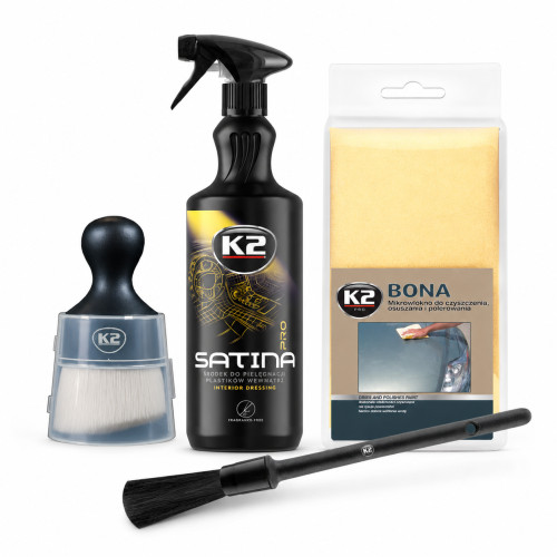 Cockpitpflege Set K2 Satina Pro 1L Fragrance Free Flato Pinsel Mikrofasertuch