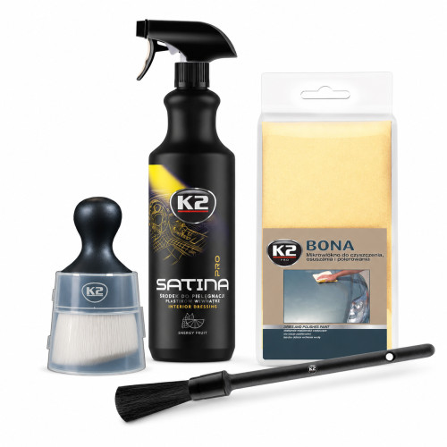 Cockpitpflege Set K2 Satina Pro 1L Energy Fruit Flato Pinsel Mikrofasertuch