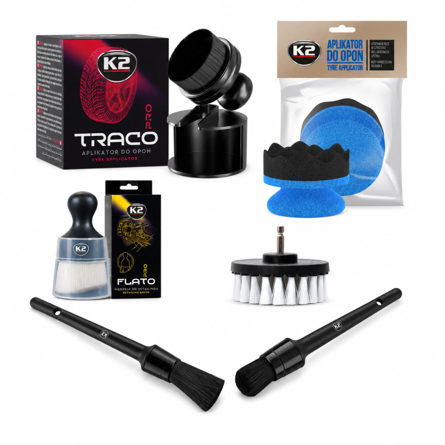 K2 6-tlg Detailing Set Traco Flato Reifenapplikator Bohrbürste Pinsel