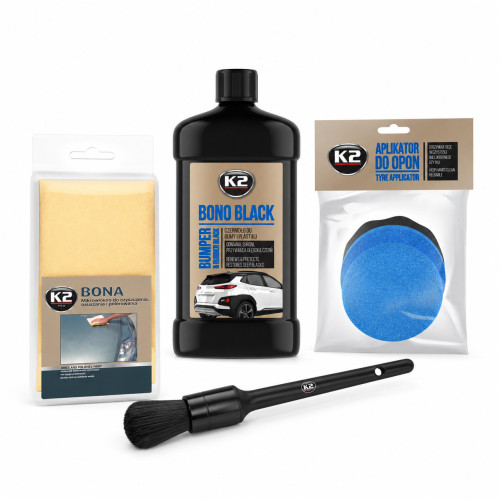K2 Bono Black 500ml Reifen & Kunststoffpflege Set Applikator Pinsel Tuch